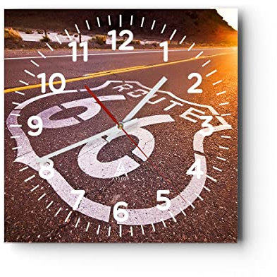Modern Wanduhr Usa wegweg 66 Freiheit Reise 40x40cm Quadrat Groß Wand Uhr Glas Analog Zimmeruhren Küche Büro Wohnzimmer Glasuhr Wall Clock Dekoration Design Wanddekoration Küchenuhr C4AC40x40-0443