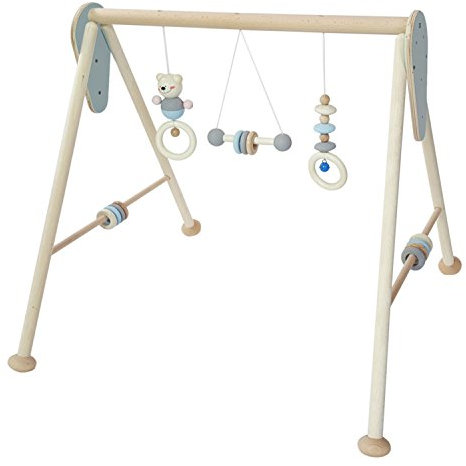 Hess-Spielzeug Holzspielzeug 13381 - Spielgerät aus Holz, Serie Bär, für Babys, handgefertigter Spielbogen mit Figuren und Rasseln, Nature blau, ca. 60 x 58 x 55 cm