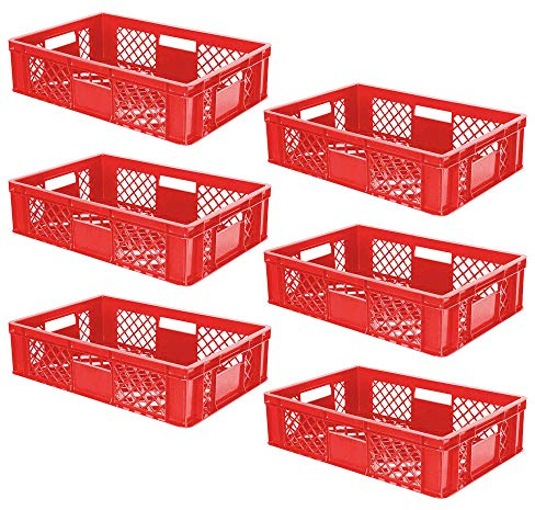 BRB 6x Eurobehälter/Stapelkorb durchbrochen, PE-HD, Industriequalität, lebensmittelecht, LxBxH 600x400x150 mm (rot)
