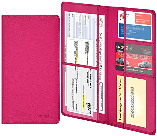 wisdompro Porta patente di guida per documenti e documenti di assicurazione per auto, in pelle sintetica di alta qualità, organizer per documenti e carte del veicolo, rosa acceso chiaro