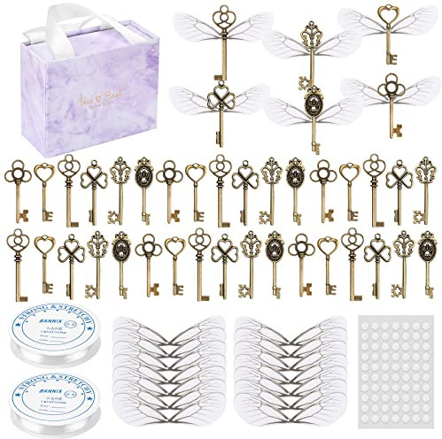 SANNIX 48 Stück große Vintage-Skelettschlüssel fliegende Schlüssel Charms mit 50 Paar Libellenflügel und 60 Meter elastische Kristallschnur für DIY Weihnachtsdekorationen