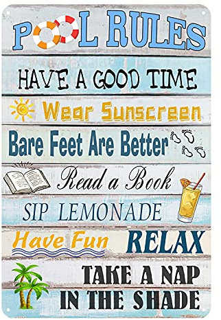 Jacevoo Metallschild Pool Rules Blechschild Vintage Pool Terrasse Wanddekoration Schwimmbad Schild Outdoor Decor Pool Schild 30,5 x 20,3 cm