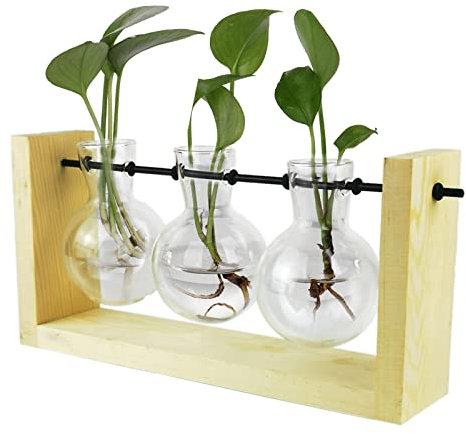HELTER Pflanzenterrarium mit Holzständer, 3 Birnen Vase Pflanzenterrarium mit Holzständer, Glasvase Metall Drehhalter Retro Tischplatte