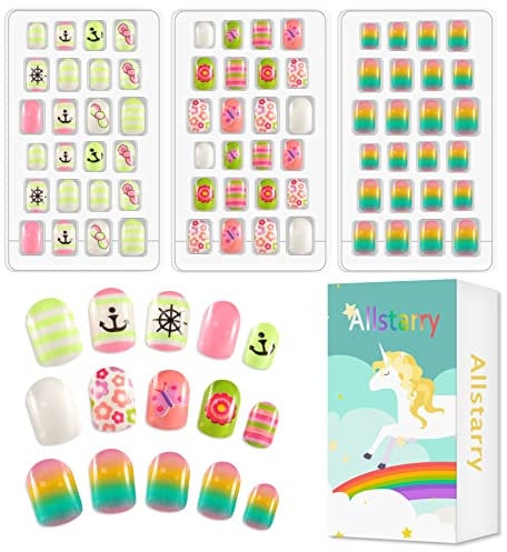 Allstarry Children Nails Press on Pre-glue Full Cover Glitter Gradient Color Rainbow Short False Nail Kits Lovely Gift for Children Little Girls Nail Art Decoration - Colorful Fluorescen