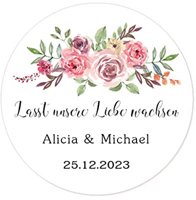 50 STICKERS Blumen PERSONALISIERT 'Lasst unsere Liebe wachsen' Hochzeit Aufkleber, 40mm Runde Liebe Saat/Blumensamen Etiketten für Hochzeit,Taufe,Konfirmation,Gastgeschenk,Tüten - Rd 281 (001)