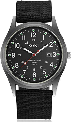 Ziyan Herren Uhr Military Army Leinwand Kalender Analog Quarz Sport Armbanduhr Quarzwerk mit Nylon Armband Luminous Datumanzeiger (Schwarz)