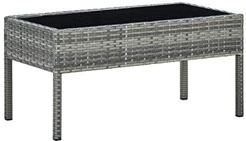 FIRBNUS Teetisch mit Glas Tischplatte 75x40x37 cm Balkontisch Terrassentisch Gartentisch Dining Table Couchtisch Kaffeetisch Garten Esstisch Stehtisch Grau Poly Rattan und Stahl