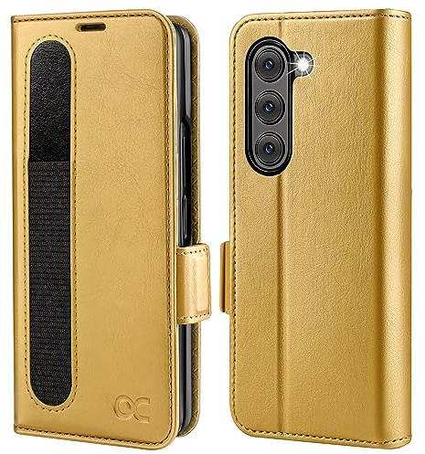 OCASE Coque Samsung Galaxy Z Fold 5 avec Porte S-Pen, Antichoc Housse Cuir PU Portefeuille Etui [RFID Blocage] [Fentes pour Cartes] [Béquille] Coque pour Galaxy Z Fold 5, Or