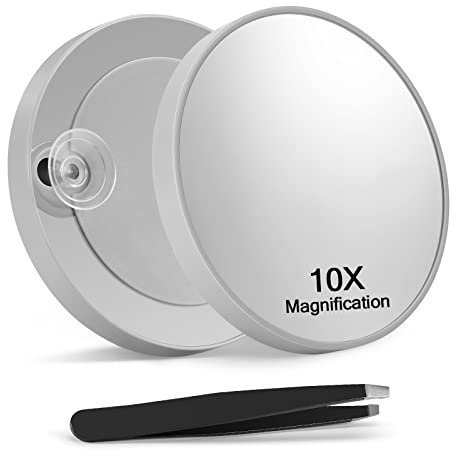 Macaki Miroir grossissant x10 avec 2 ventouses, miroir de maquillage grossissant de 8,8 cm et pince inclinée, 1 pièce, gris