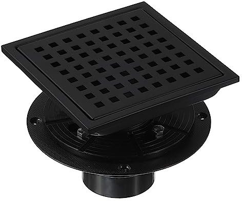 sourcing map 6 Inch Square Shower Floor Drain, 304 Stainless Steel Floor Drain with Flange for Bathrooms, Kitchens, Garages, Showers Sinks, Quadrato Pattern Grate Removable, Matte Black