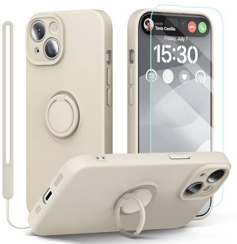 pcgaga Silicone Phone Case for iPhone 15 with Screen Protector [Ring Holder Stand] [Wrist Strap] [Microfiber Lining] Slim Shockproof Protective Cover, 6.1, White