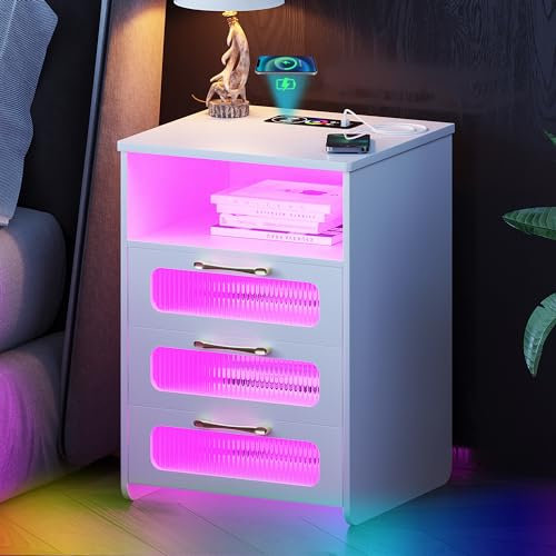 Lvifur LED Nachttisch mit 3 Schubladen,Nachttische mit LED-Beleuchtung,Nachtschrank mit Ladestation und USB Anschluss,Nachtisch Nachtkommode für Schlafzimmer