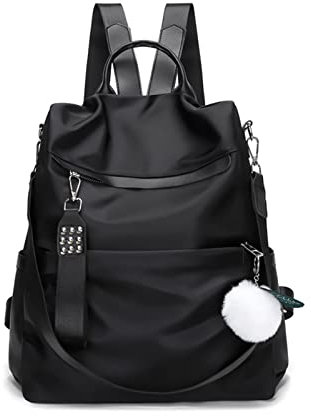 NICOLE & DORIS Mode Rucksack Damen Anti Diebstahl Rucksack Nylon Leichtgewicht Rucksackhandtaschen Daypack Frauen Cityrucksack Schulrucksack Reiserucksack mit Bommel Schwarz