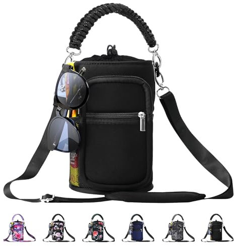 AceTreker Housse pour bouteille d'eau de 3,7 l, en néoprène avec sangle et poignée en paracorde, porte-bouteille de sport avec 4 poches pour voyage, marche, camping - Noir