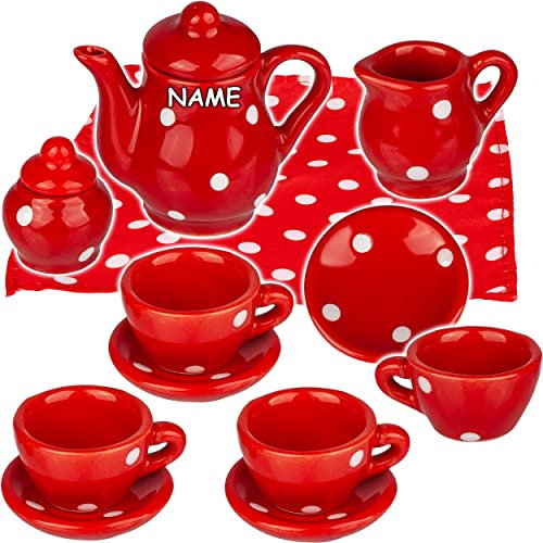 alles-meine.de GmbH 14 TLG. Set Puppengeschirr/Kaffeeservice & Teeservice - Bunte Punkte - inkl. Name - Geschirr Porzellan/Keramik - Porzellangeschirr - Kinderküche - Pickn..