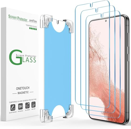 amFilm 3 Pack Magnetic OneTouch Samsung S22 Plus 6.6 Screen Protector [Eco Friendly & Reduce Plastic] [Indestructible Ultra 9H Tempered Glass] [30 seconds Auto-Alignment & Ultra Fast Installation]
