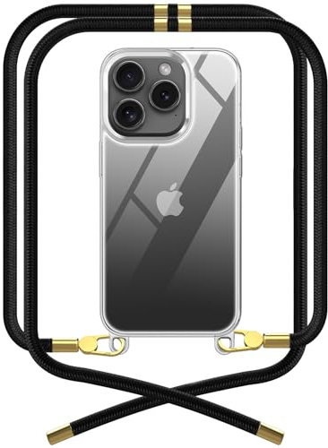 OLEPHY Premium Handykette für Apple iPhone 15 Pro Max Hülle mit Band | Transparente Handyhülle mit hochwertiger Abnehmbarer Kordel zum Umhängen - Smartphone Necklace [Elegant Schwarz]