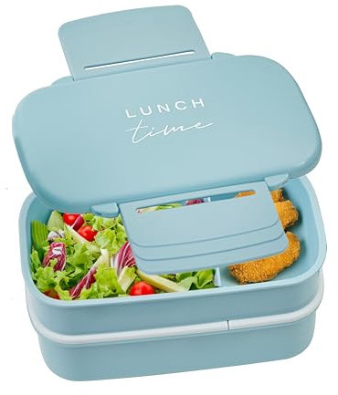 Premier Housewares Stylish Light Blue Lunch Box With Cutlery|Stackable Bento Lunch Box For Travelling | Compact Box With Compartments For Kids School | Lightweight Lunch Box