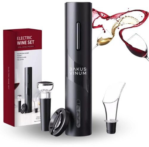 BakusVinum Sacacorchos Eléctrico Profesional, Abrebotellas 4 en 1 ideal para Regalo Hombre, Abridor botellas vino electrico (Sacacorchos versión Funcionamiento con Pilas - 4 en 1)