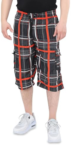 Ben Creek - Herren Capri Freizeithose - Bermuda Short für Freizeit & Alltag - Kurze 3/4 Wanderhose mit Gummizugbund - halblange Cargo mit Multitaschen QL05 (rot-schwarz kariert XXL)