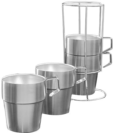 4 Stück tragbare stapelbare Kaffeebecher aus Metall, Trinkgläser, Edelstahl, Campingbecher mit Halter, Outdoor-Geschirr, doppellagig, isolierter Becher, Outdoor, Kaltgetränke, Campinggeschirr, Zubehör