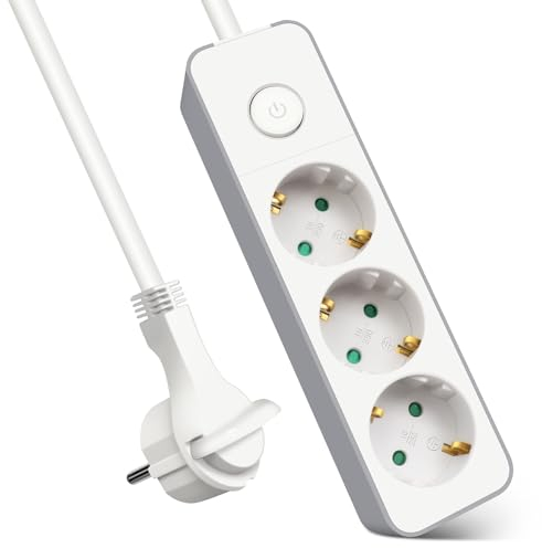 EXTRASTAR Flachstecker Mehrfachsteckdose 3-Fach, Steckdosenleiste Flacher Stecker mit Druckknopfschalter, 1.5m Kabel für Büro und Zuhause, Weiß + Grau