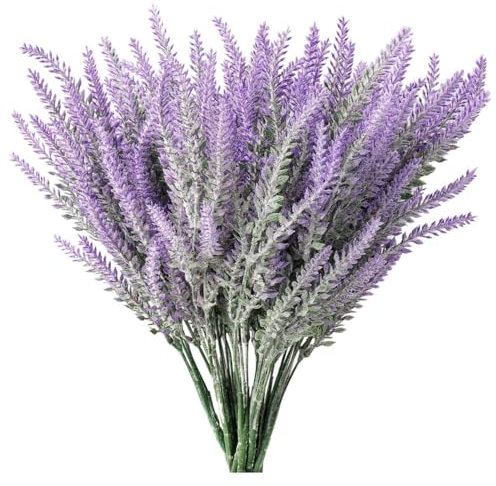 KOMUNJ 12 Pack Kunstblumen Lavendel Blüten Lila Blumen Deko,Wetterfeste Balkonpflanzen Künstliche Pflanzen Büsche für Outdoor Indoor Balkon Balkonkasten Blumenkasten