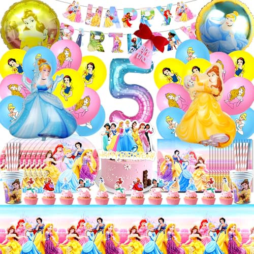 101pcs Princess Birthday Decorations,Princess Party Tableware,5th Party Decorations for Girls,Princess Balloons Cake Toppers,Cups Plates Napkins for Princess Birthday Party Supplies