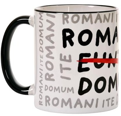 Elbenwald Kaffeetasse mit Romani Ite Domum Motiv Rundumdruck - 320 ml Fassungsvermögen 9 cm Höhe - Kaffeebecher für Monty Python Fans - Keramik - Weiß