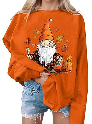 Generisch Damen Pullover Halloween Lässig Langarm Sweatshirt 2024 Mode Rundhals Oberteil Oversized Herbst Winter Langarmshirt Frauen Locker Top Casual Sport Streetwear Basic Pulli(A29 Orange,L)