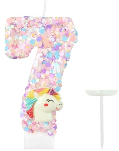 Ronoza Geburtstagskerzen Zahlen 7, Pailletten Kerze, Einhorn Geburtstag Tortendeko, Zahlenkerze, Kerze 3 Geburtstag für Kinder und Torte