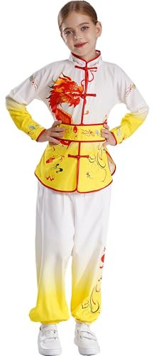 Sxiwei Unisex Kinder Kung Fu Anzug Drache gedruckt Chinesische Kampfsport Tai Chi Outfit Langarm Trainingtops mit Hosen+Gürtel Gelb 134-140
