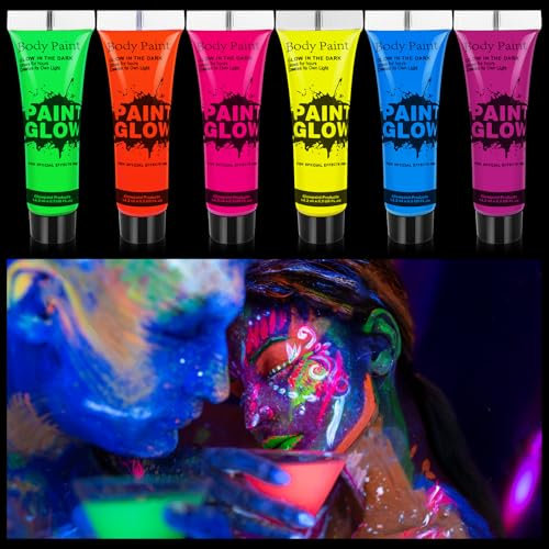 6 peintures UV néon pour le visage et le corps, Peinture Corporelle UV Maquillage Coloré Fluo Néon Kit Pour Lumière Noire, Maquillage Halloween Effets Spéciaux, pour Halloween, Fête et Noël