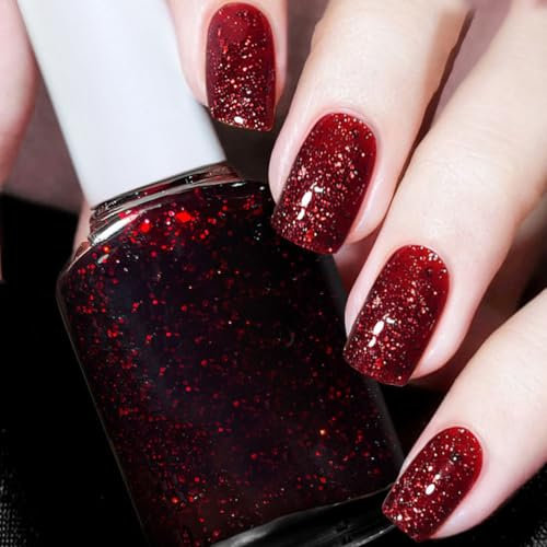 Glitter Nail Polish, glitter Nail Varnish, Quick Dry & Long Lasting nail polish, Red Nail No UV Lamp Curing, Chip Resistant, Non-Toxic, Quick Drying, At Home & Salon Manicure (23#Red Flash)