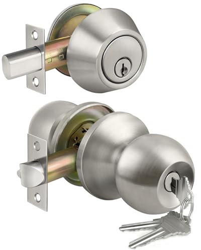 BESTTEN Keyed Same Exterior Door Knob and Single Cylinder Deadbolt Combo Set, Keyed Alike Entry Door Knobs with Lock and Keys for Entrance and Front Door, Satin Nickel