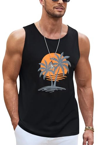 Terecey Débardeur Homme Coton Été Tee Shirt sans Manche à Imprimé Palmier de Plage Hawaïenne Tank Top Homme Respirant Debardeur Gilet Gym Décontracté Noir XL
