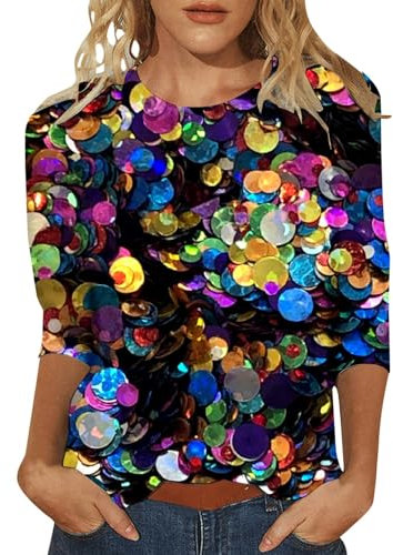 Festliche Oberteile Damen Pailletten Oberteil Damen 3/4 arm Sexy Elegant Shirt Tops Bluse Glitzer Oberteile Damen Frauen Mädchen Freizeit Party Club Karneval Kostüme Damen Fasching Sommer T Shirt