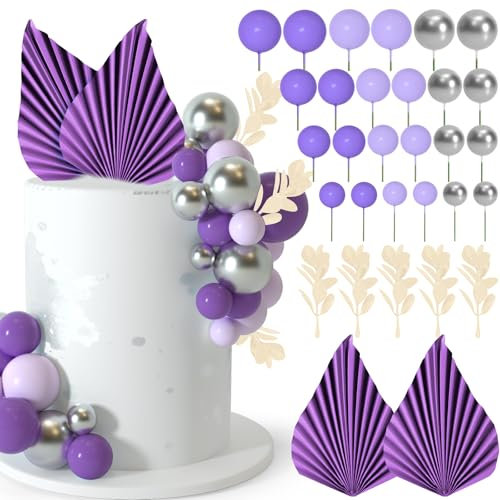NEBURORA 64 Pcs Balls Cake Toppers and Leaves Decoration Set Mini Balloons for Cake Decorating Supplies Balls Cake decorations for Baby Shower Cake Toppers Birthday Cake Decoration(Purple Silver)