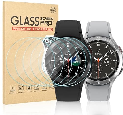 Vozehui 6 Pack Screen Protector for Samsung Galaxy Watch 4 Classic 46mm, High Definition Tempered Glass, 2.5D Ultra-Thin, Touch Sensitive, Easy Installation, for Samsung Galaxy Watch 4 Classic 46mm