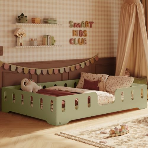 smartwood Bodenbett 140x200 cm mit Rausfallschutz, Holz, Grün, TILA 2 | Montessori Kinderbett, Lattenrost belastbar bis 300 kg, FSC-Zertifikat, abgerundete Kanten, Einfache Montage, ab 3 Jahren