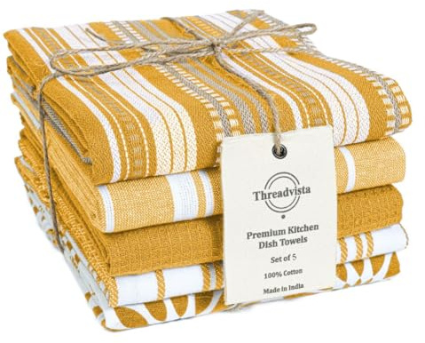 Threadvista Assorted Kitchen Towels 40x66 cm 100% Cotton Set of 5 - Dish Cloths with Hanging Loop - Soft Absorbent Washable Tea Towel for Kitchen - Quick Drying Dish Towel Mustard Yellow