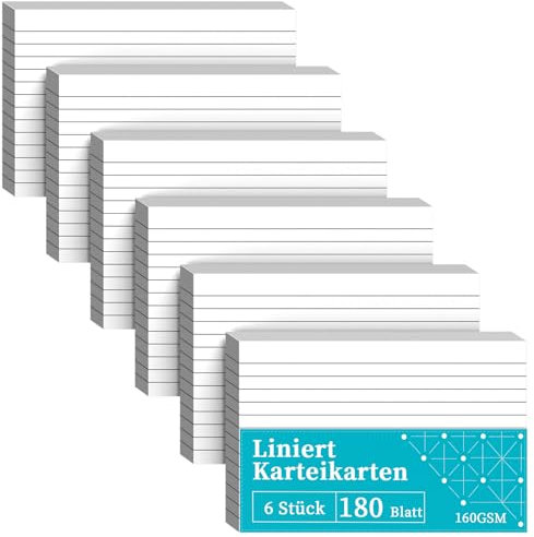 Karteikarten A6 Liniert, 180 Stück A6 Weiß Flashcards, Weiß Karteikarten Vokabelkarten, Lernkarten Beschriftbar Liniert Verdickter Karteikarte, Rezepte Vokabeln Flash Cards für Büro White Paper