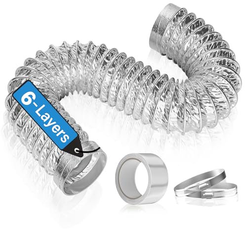 Hon&Guan 100mm Aluminum Flexible Ducting Vent Hose 6 Layer Thickened, Hardened Edge Design Exhaust Hose, Heat-Resistant Aluminum Duct Pipe Length 0.9m for Cooker Hood, Tumble Dryer, Duct Fan, Kitchen