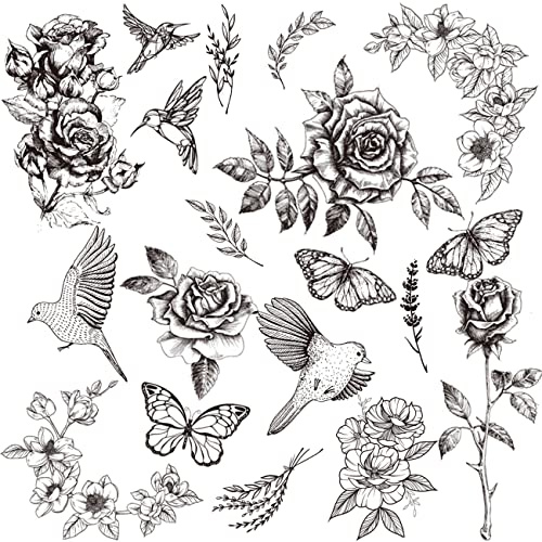 CHARLENT Realistic Black Flower Temporary Tattoos for Women | Rose Butterfly Peony Fake Tattoo Stickers, Waterproof Sexy Body Art Designs for Arm Hand Face