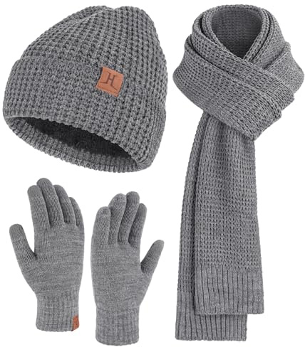 ZASFOU Winter Herren Mütze Schal Touchscreen Handschuhe Set mit Fleece Gefütterte Thermo Beanie Wintermütze Strickmütze Schlauchschal Winterhandschuhe Geschenk für Männer