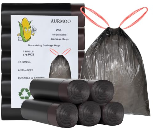 AURMOO 175x Reißfest Müllbeutel 25L mit Zugband, Abbaubar Biomüllbeutel, | Abbaubar Müllbeutel, Tropfsichere Mülltüten für Hausmüll, Reißfeste Bio-beutel für Mülleimer, Bin Liners, 50 x 60cm