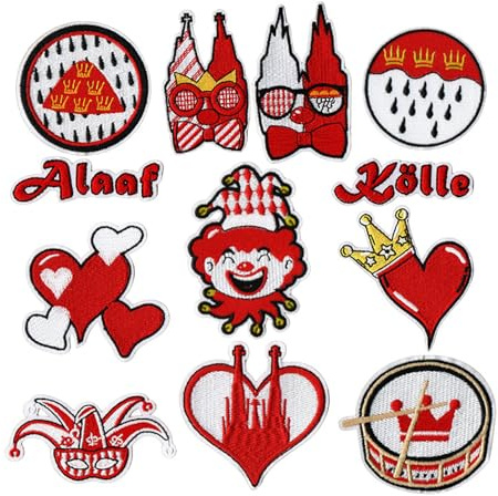Dermalyx 12 Stück Rot Weiß Kölner Karneval Aufnäher, Bügelflicken Karneval Kleidung, Bügelbilder Rot Weiß, Kölsche Karneval Deko, Reparaturflicken Zum Annähen