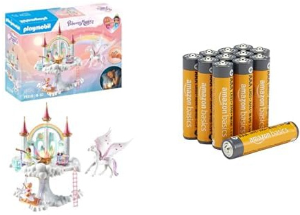 PLAYMOBIL Regenbogen-Schloss, leuchtende Blume/Sound, 4+ Jahre, & AAA Alkaline-Batterien Amazon Basics 12 Stück, 10 Jahre