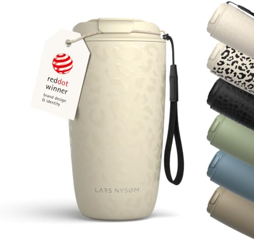 LARS NYSØM Thermo Kaffeebecher to go mit Trageschlaufe 500ml | Travel Mug 0,5 L mit Isolierung | Auslaufsicherer Edelstahl Thermobecher mit Musterdesign für Café & Tee (Beige/Leopard/Beige, 500ml)