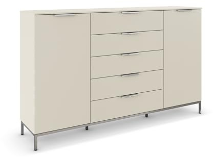 Rauch Möbel Flipp, Kommode, Farbe Beige, Breite 180 cm | Sideboard, 2-türig, 5 Schubladen, Soft-Close, Griffe, Metallkufe Chrom, für Schlafzimmer, Gästezimmer, Wohnzimmer